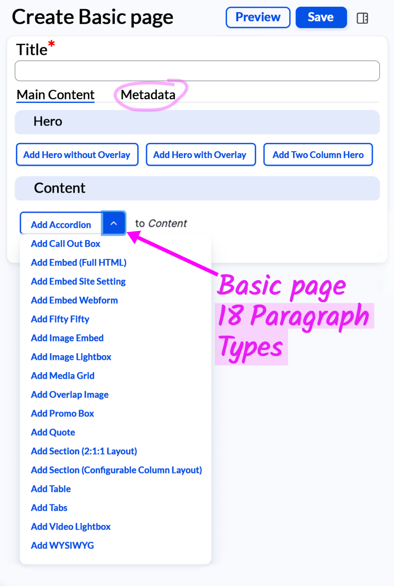 Edit screen Basic Content Type Paragraph Types dropdown 