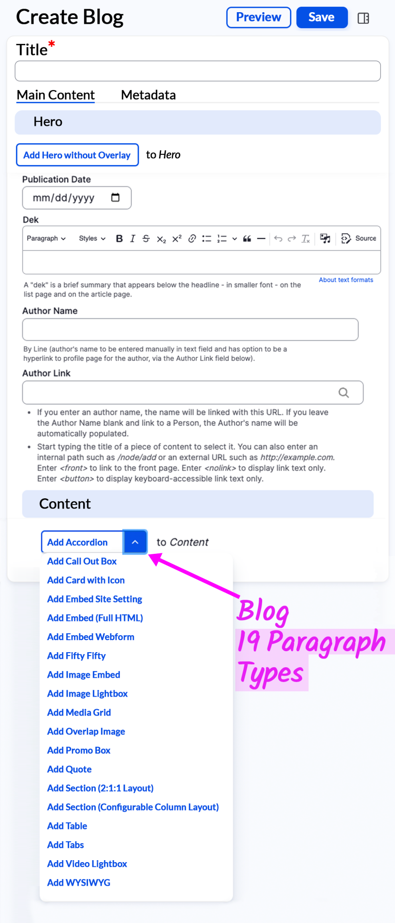 Edit screen Blog Content Type Paragraph Types dropdown 