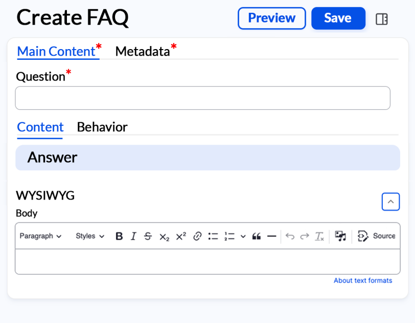 Edit screen FAQ Content Type Paragraph Types dropdown