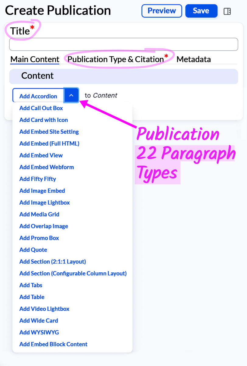 Edit screen Publication Content Type Paragraph Types dropdown