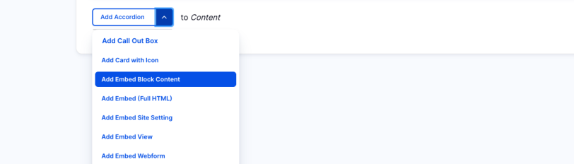 screenshot of drop down menu to add Embed Block Content