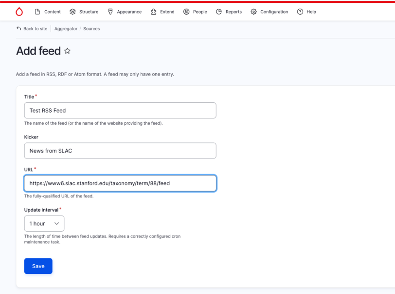 screenshot showing fields to fill out to create RSS feed