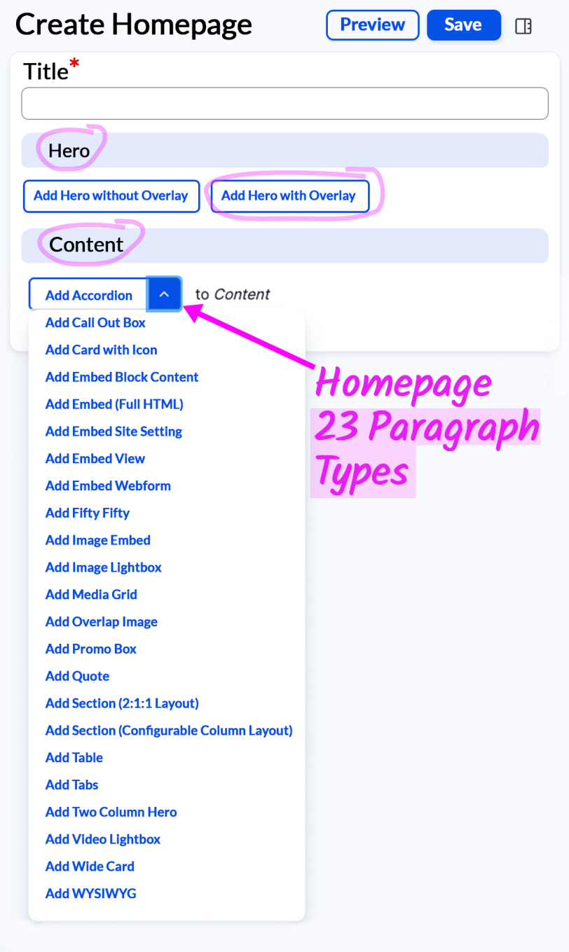 Edit screen Homepage Content Type Paragraph Types dropdown