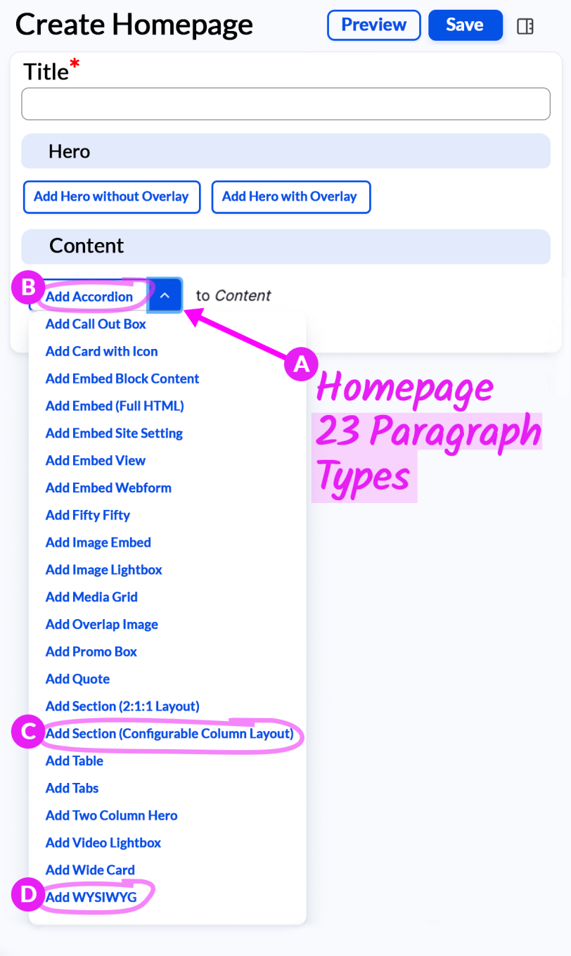 Edit screen Homepage Content Type Paragraph Types dropdown, highlighting Accordion, Section, and WYSIWYG.
