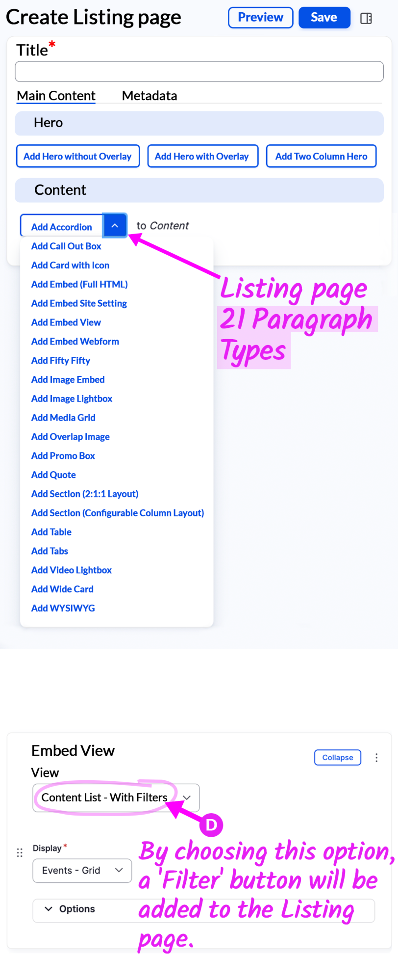 Edit screen Listing page and Embed View
