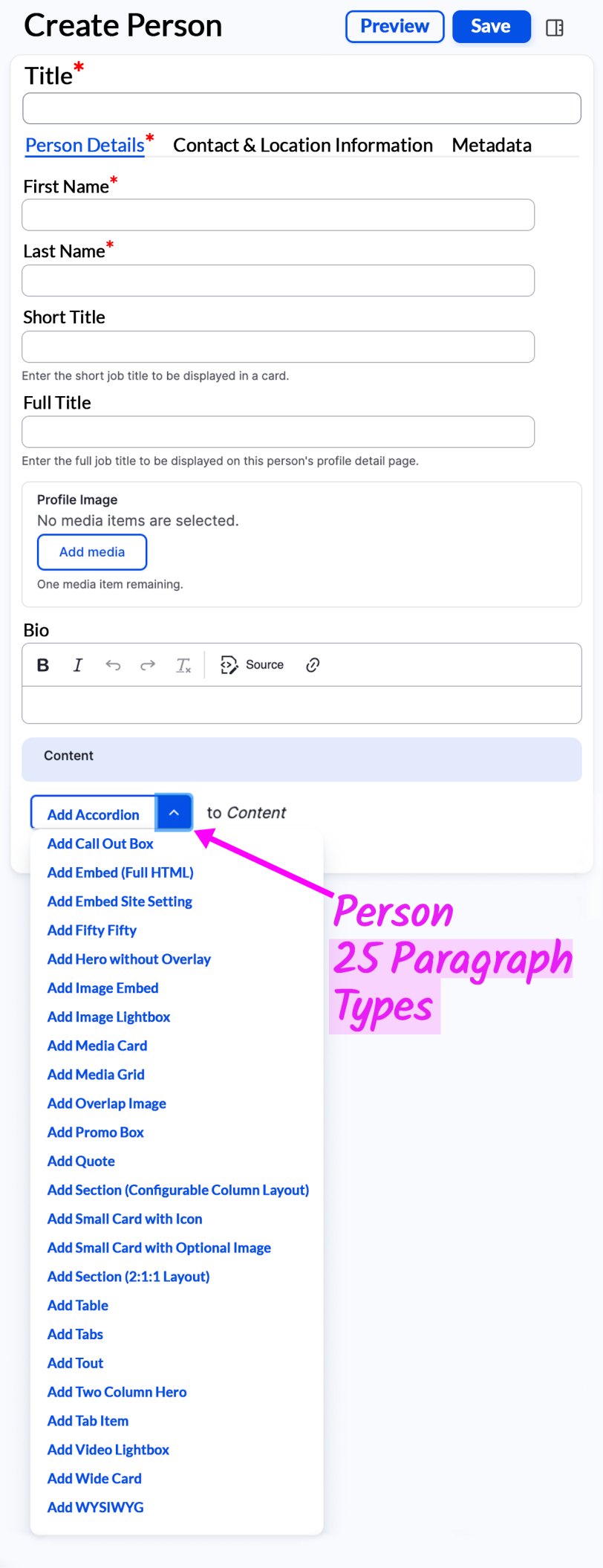 Edit screen Person Content Type Paragraph Types dropdown