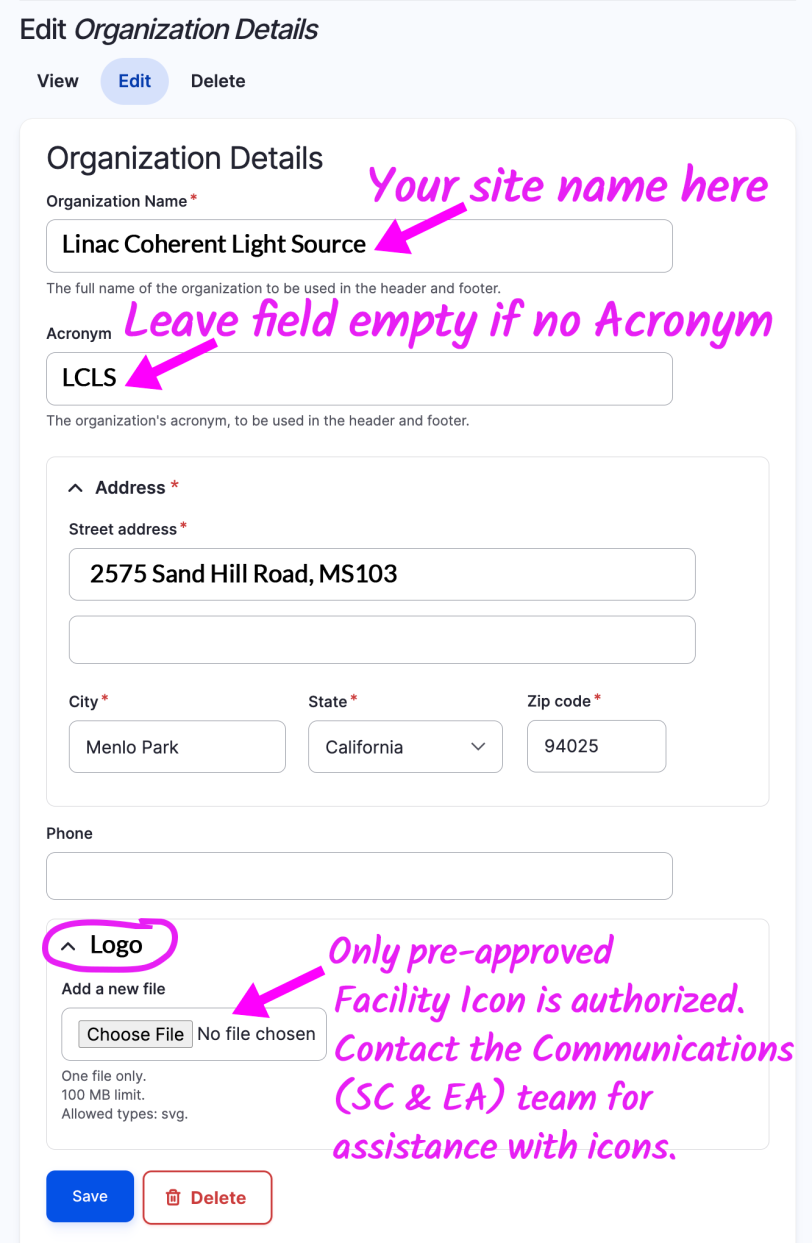 Annotation showing how to enter Organization Details such as Site Name, Acronym, address, and icon.