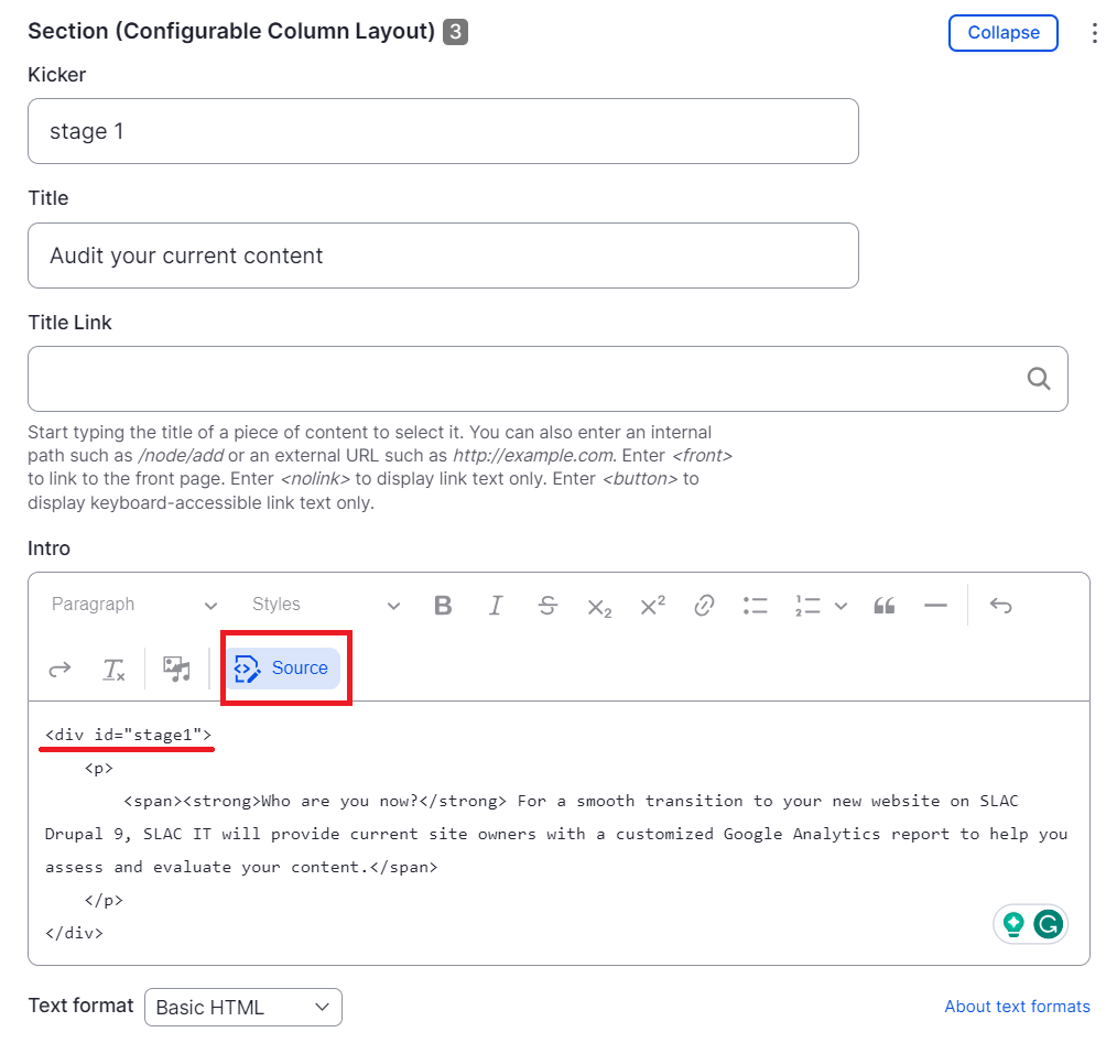 screenshot of how an anchor link is set up 