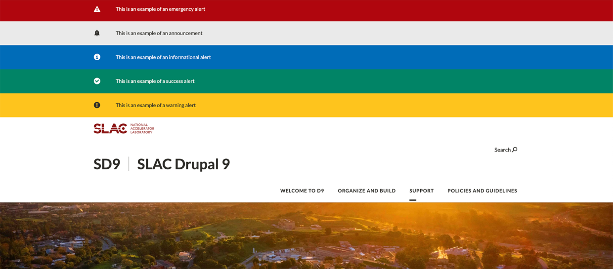 examples of Drupals site wide alerts, sitting above all content on that page