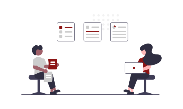 a flat illustration of two people sitting next to each other on laptops