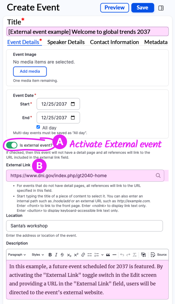 Event Edit screen to activate an External event and add a URL in the External link field