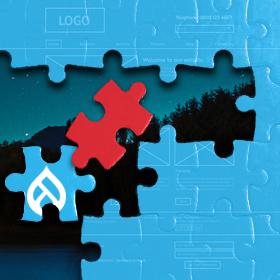 One Cardinal Red puzzle piece near the center and many other blue puzzle pieces to represent Stage 3 for building a website.