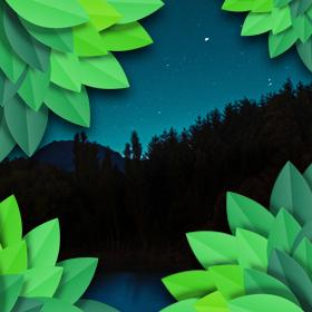 Leaves graphic framing a dark landscape background to represent Stage 5 for maintaining fresh evergreen content.